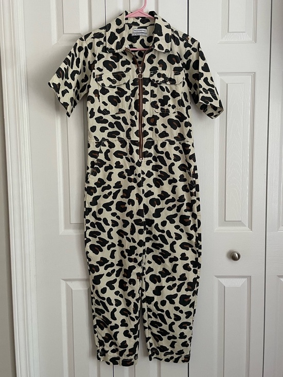Urban Outfitters Pants - Urban Outfitters Beige and Black Leopard-Print Short Sleeve Jumpsuit